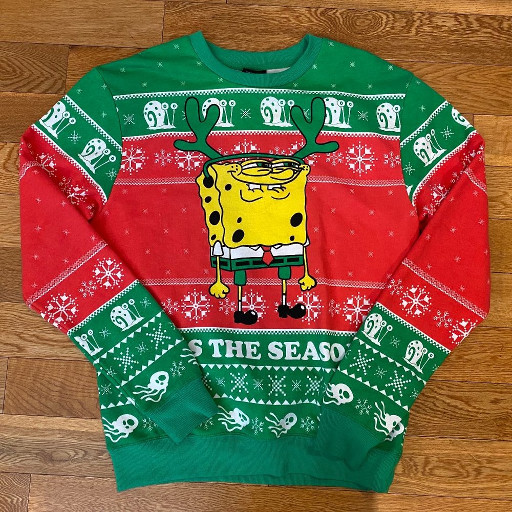 Spongebob Squarepants Small Holiday Christmas Sweater Tis The Season Gary READ